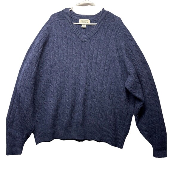 VTG Heather & Tweed Sweater Mens XXL Navy Blue Shetland Wool Cable Knit V Neck - Picture 1 of 4
